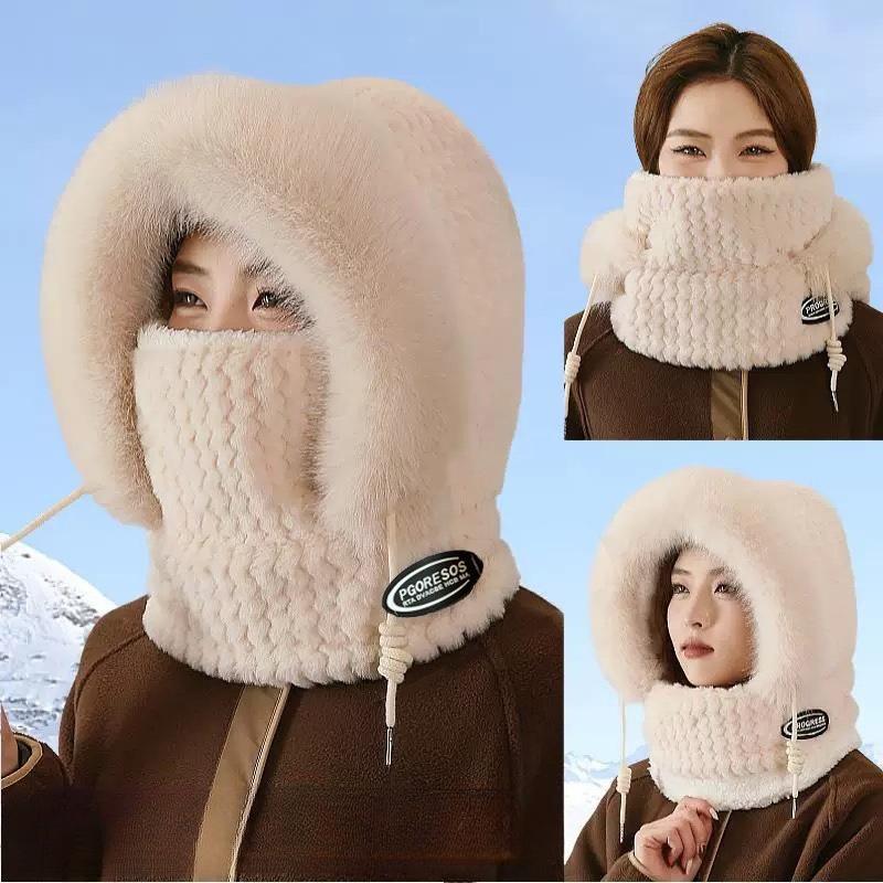 Damen-Thermo-Plüschmütze, Kapuze, Schal und Maske mit Ohrenschutz für Herbst und Winter – winddicht und dick gepolstert, ideal zum Reiten im Freien