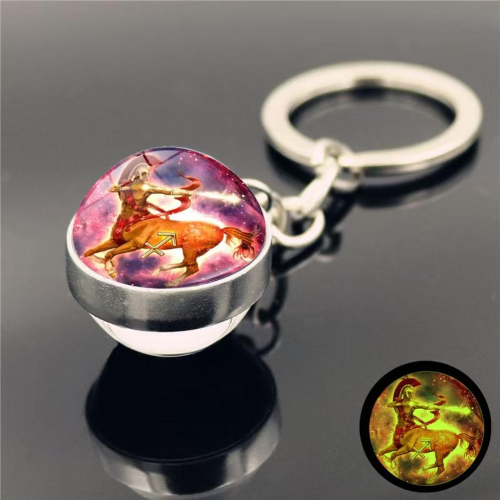 Schlüsselanhänger mit 12 Sternzeichen, im Dunkeln leuchtend, Taschenanhänger, Zeit-Edelstein, doppelseitiger Glaskugel-Schlüsselanhänger