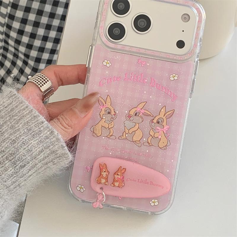 Pink Plaid Rabbit Stand iPhone Case for 17/16 Pro Max/15/14 - Girly Design