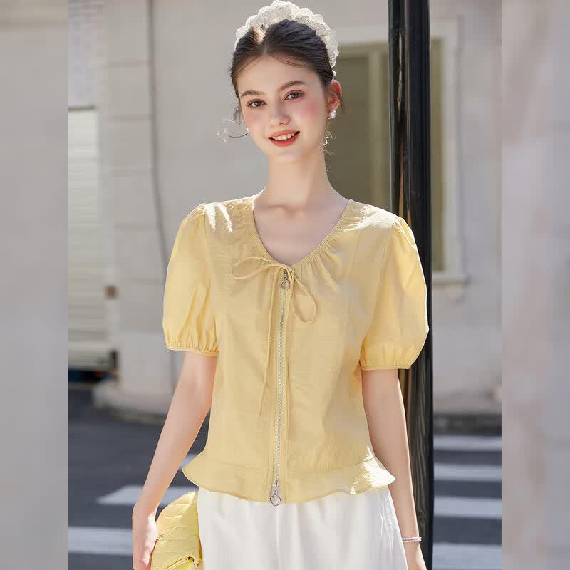 French Elegant V-Neck Ruffle Puff Sleeve Shirt L