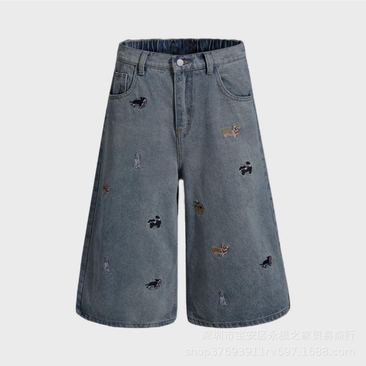 Women s Mid Rise Embroidered Wide Leg Capri Jeans Streetwear Denim Culottes S