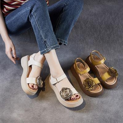 Thick Soled  Women's Wedges Sandals Peep Toe Genuine Leather Soft Soled Retro Women's Shoes