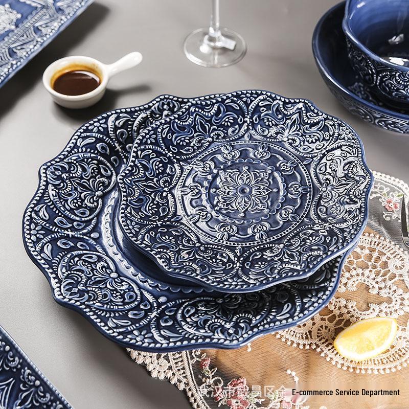European Baroque Embossed Ceramic Dinner & Soup Plate Set