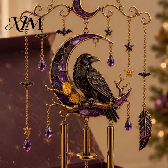 Bat Moon Themed Decor Halloween Stained Glass Style Wind Chime, Acrylic Suncatcher Hanging Ornament with Ghost Black Cat Raven Witch Festive