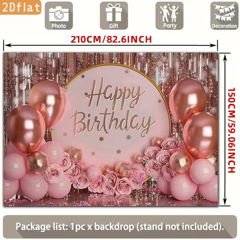 2D Pink Rose Gold Birthday Backdrop, Glitter Balloon & Floral Party Photography Background