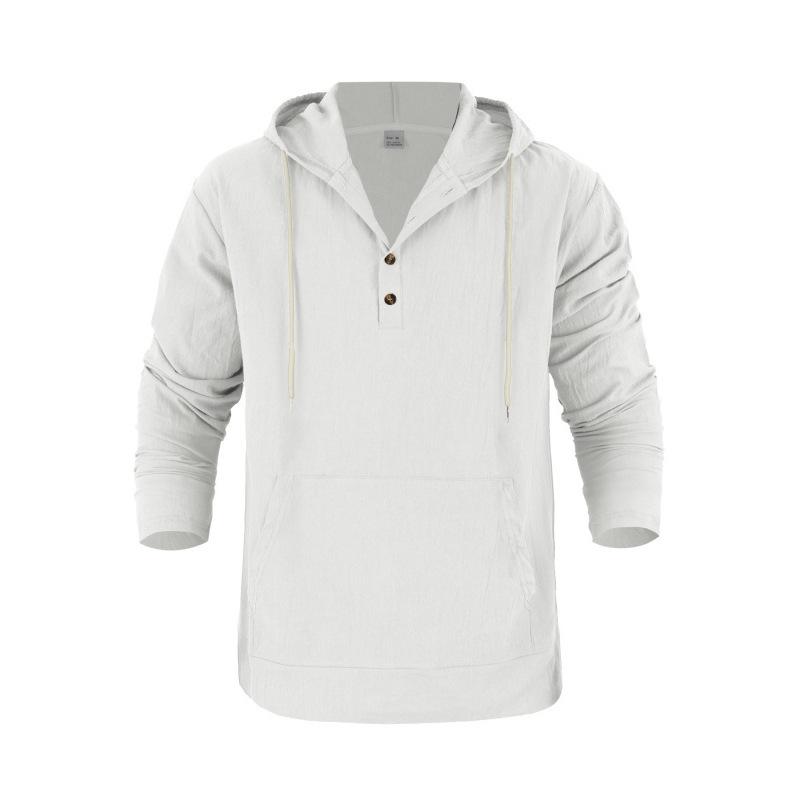Men's Linen Hooded Long-Sleeved T-Shirt Beachwear & Leisurewear Loose Fit with Large Pockets Henley Neck Top