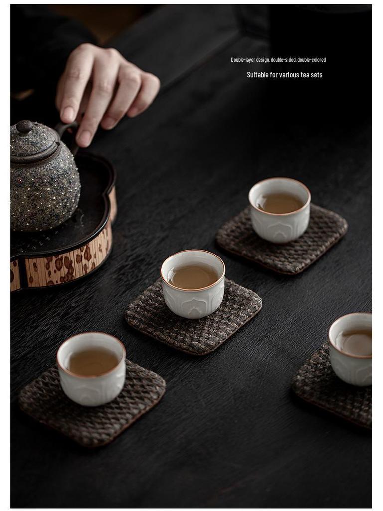 Two-Color Jacquard Tea Mat - Handmade Plant-Dyed Coaster, Retro Style Fabric Tea Coaster