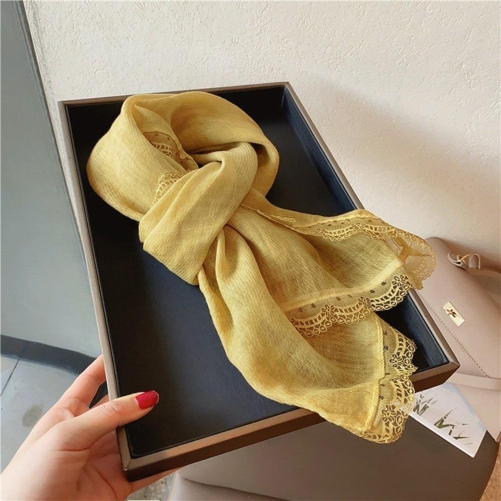 Lace Edge Flaxen Lace Scarf Elegant Women's Shawl Literary Sunscreen Shawl for Women