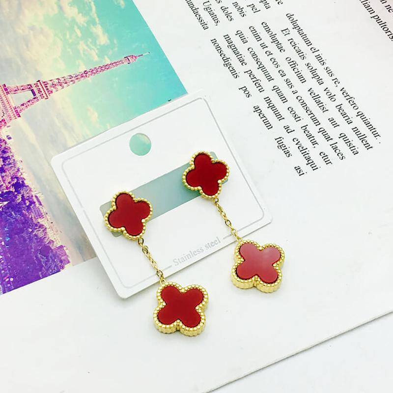 

Темпераментные классические серьги с четырьмя лепестками клевера, индивидуальные серьги из нержавеющей стали, серьги из титановой стали, женские серьги красный