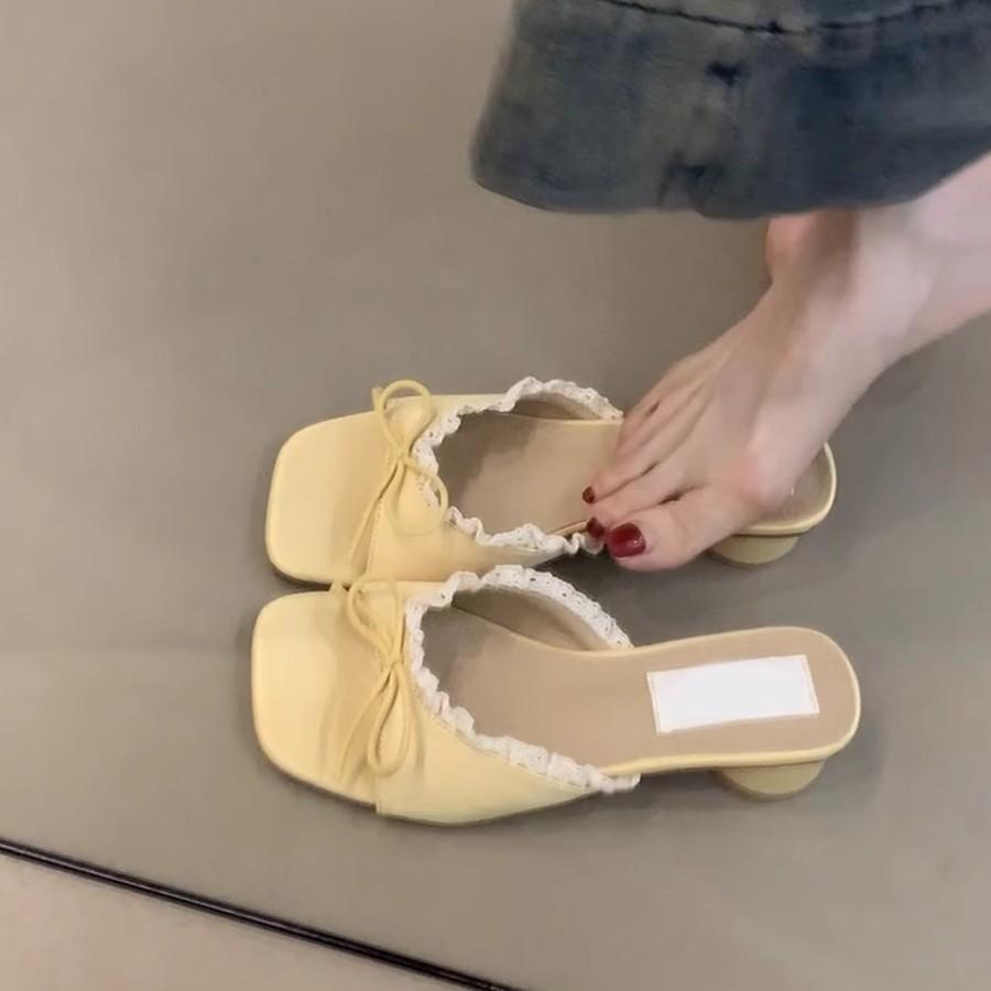 Gentle Fairy Cool Slippers 2025 Summer French Sweet Elegant Lace Bow Silk Open-toed Sandals