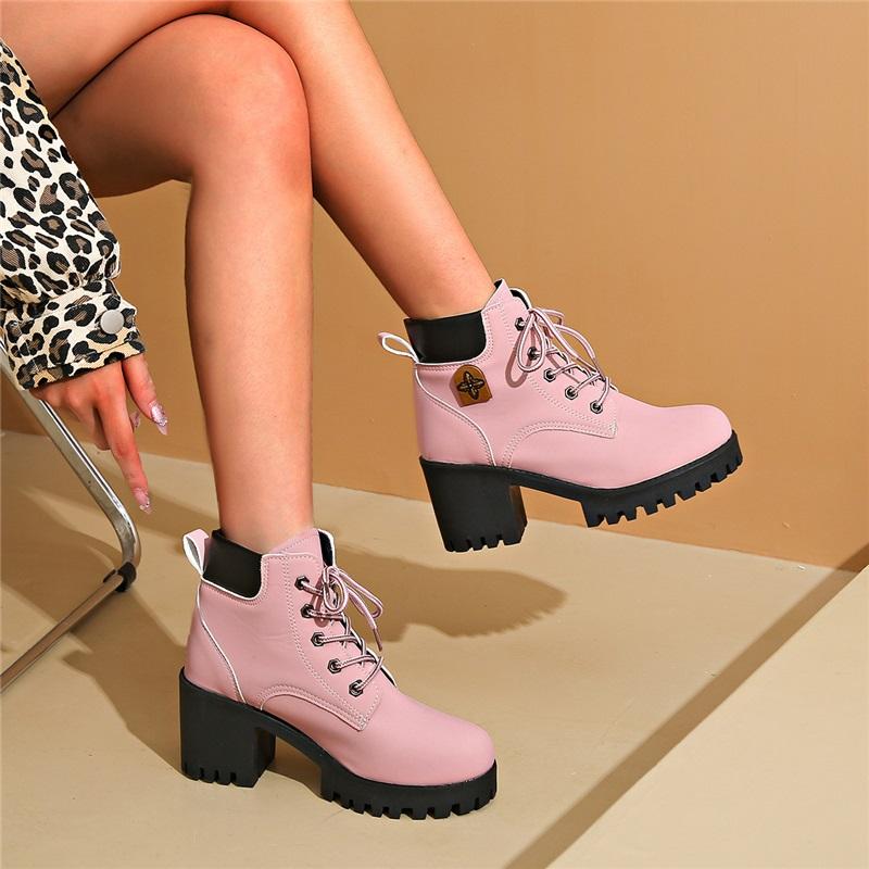 Women Lace Up Chunky Block Heel Ankle Boots Fashion Thick Sole Platform Short Martin Boots