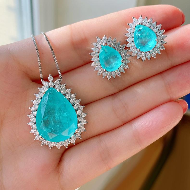Cross Border Paraiba Water Drop S925 Silver Needle Earrings Emerald Green Micro Inlaid Imitation Temperament Light