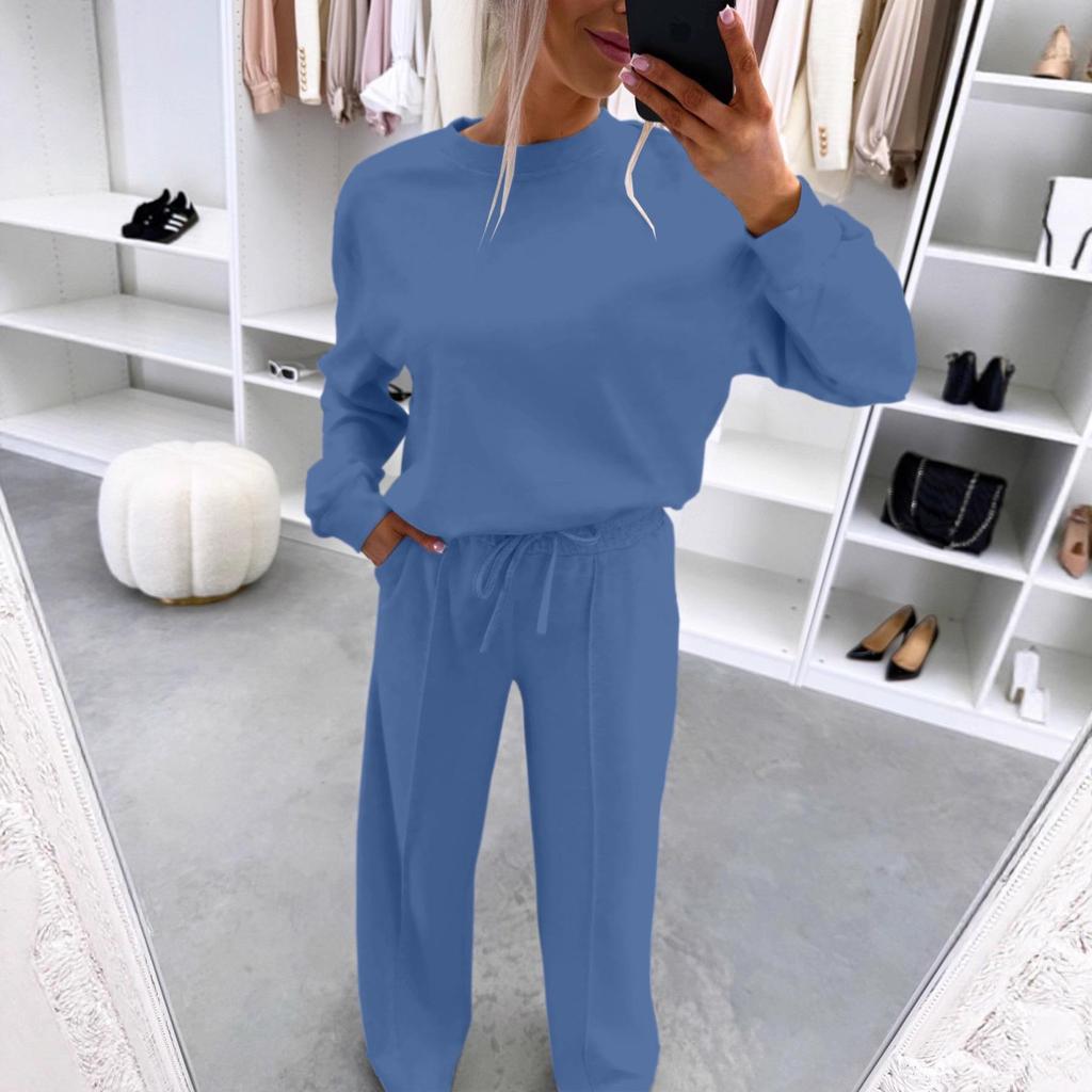 2026 Autumn/Winter European & American Style Casual Two-Piece Set: Drop Shoulder Long Sleeve Top & Ruched Long Pants