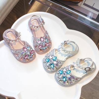 Girls Sandals Shiny Crystal Flower Kids Princess Shoes for Summer 2025 New Fashion Girls Beach Shoes Hollowed-out Non-slip Ins