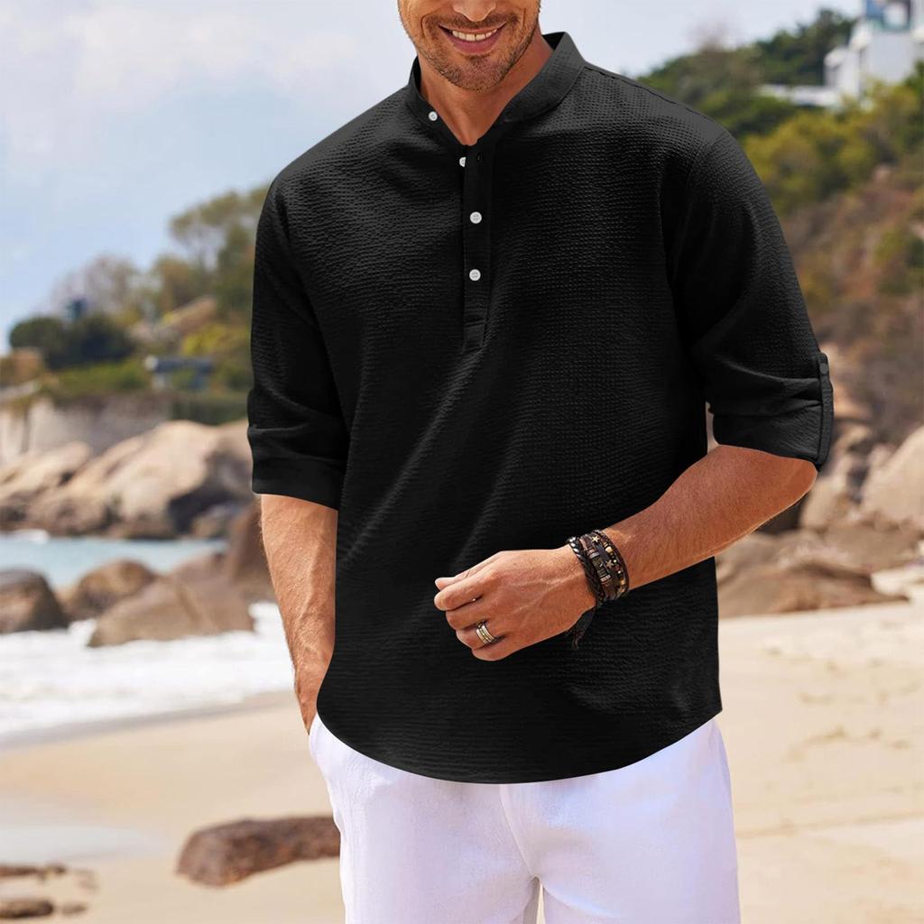 Men's Casual Long Sleeve Shirt Pullover Stand Collar Buttoned Henley Shirt Lightweight Relaxed Fit Top for Daily Wear