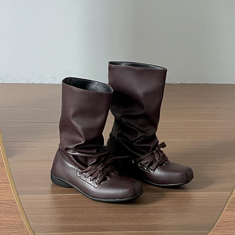 Vintage Flats Women Western Cowboy Boots Fashion Ladies Square Toe Pleated Knight Mid Calf Booties