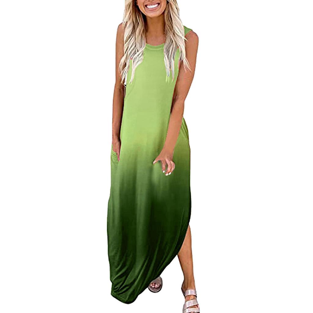 Fashion Women's O-Neck Print Leisure Sleeveless Tank Pocket Casual Dress