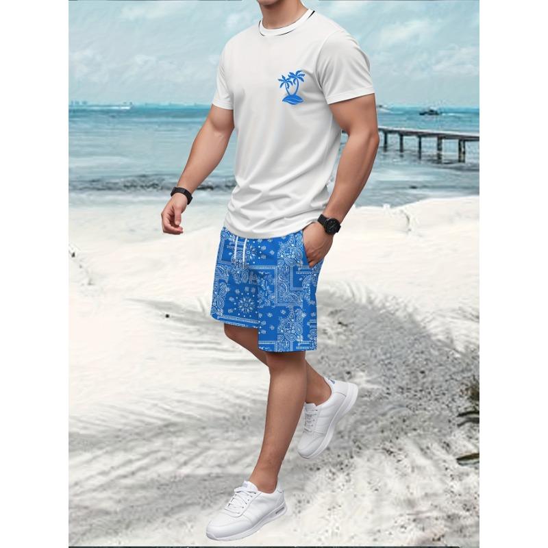 Men s 3d 2 piece summer beachwear set, hawaiian coconut tree print, casual crew neck t-shirt and drawstring shorts M