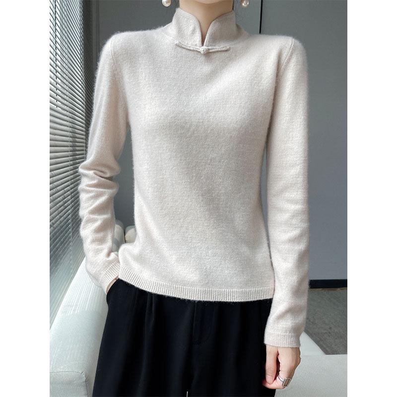 Chinese Retro Knitted High-Neck Cashmere Wool Sweater with Frog Buttons for Women