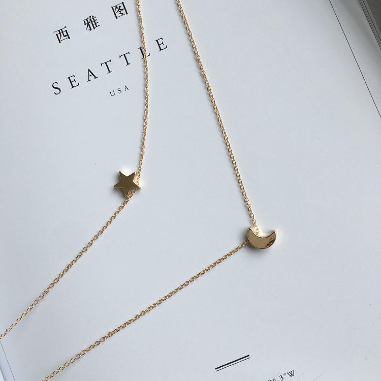 European and American Fashion Metal Double Layer Star and Moon Pendant Necklace Korean Style Fashion Versatile Women's Necklace