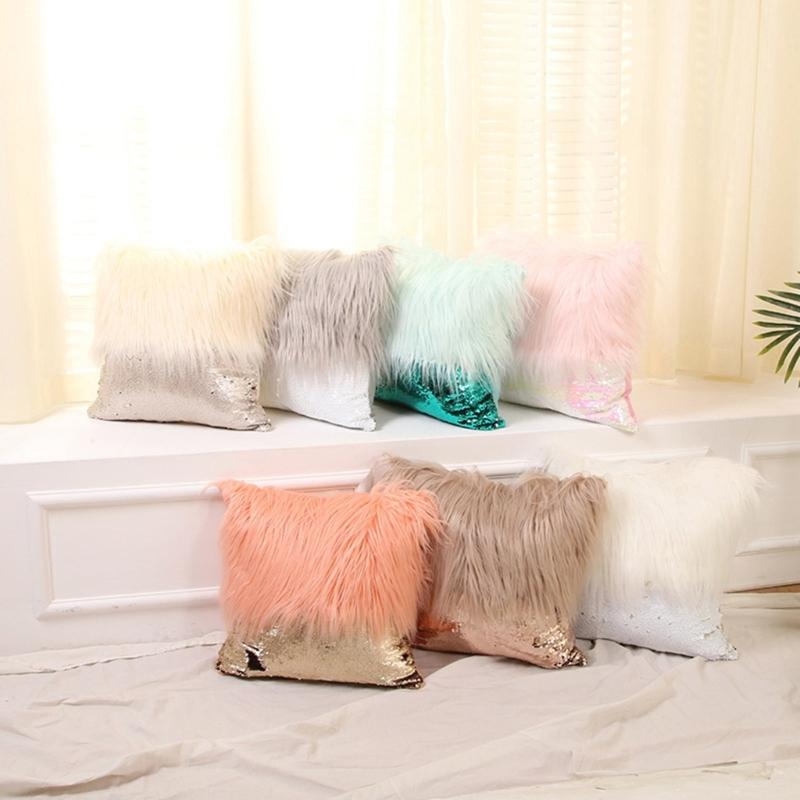 Fashion Long Furs Sequins Patchworks Decorative Cushions Cover Bling Embroidered Square Pillow Cover Cushions Case