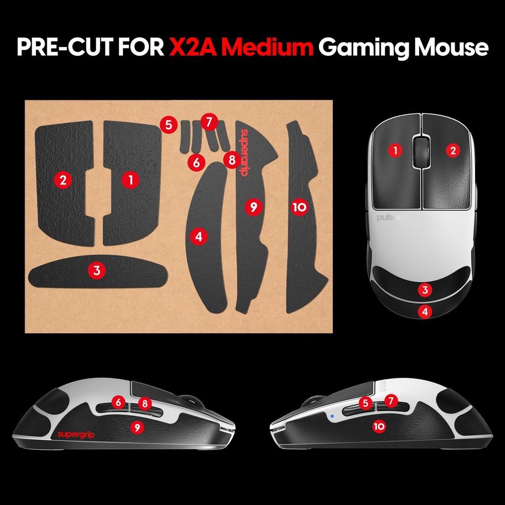 Pulsar Gaming Gears Supergrip X2A Medium Gaming Mouse Grip Pre-cut Anti-Slip Anti-Slip Tape, Ultra-Thin