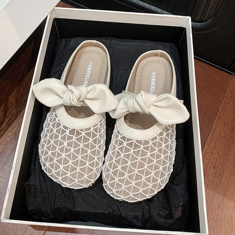 French flat-bottom bow fishing net bag head half slippers women's summer wear 2025 new one-pedal single shoes sandals