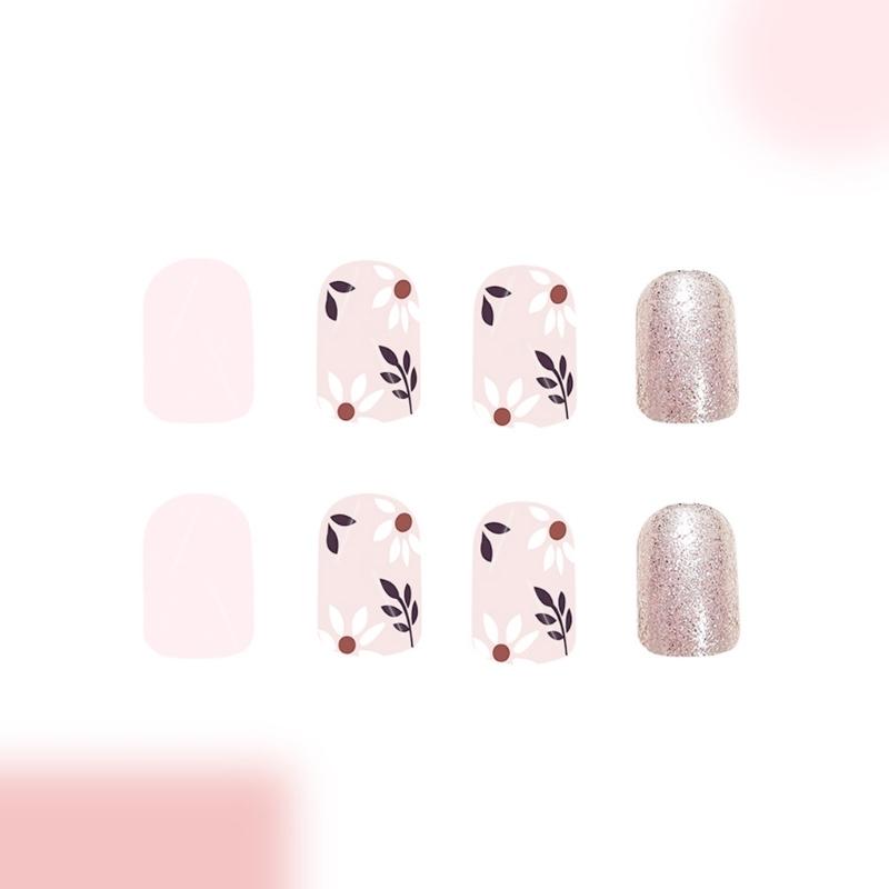 24 Pcs Short Square False Nail Flowers Press On Nail Simple Acrylic Nail Glossy Full Cover Stick on Nail for Woman