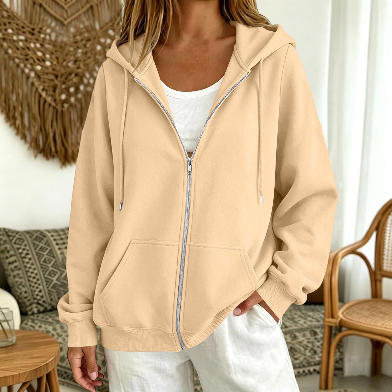 Women s Casual Zip Up Hoodie with Pockets, Non-Ribbed Hem and Cuffs L бежевый