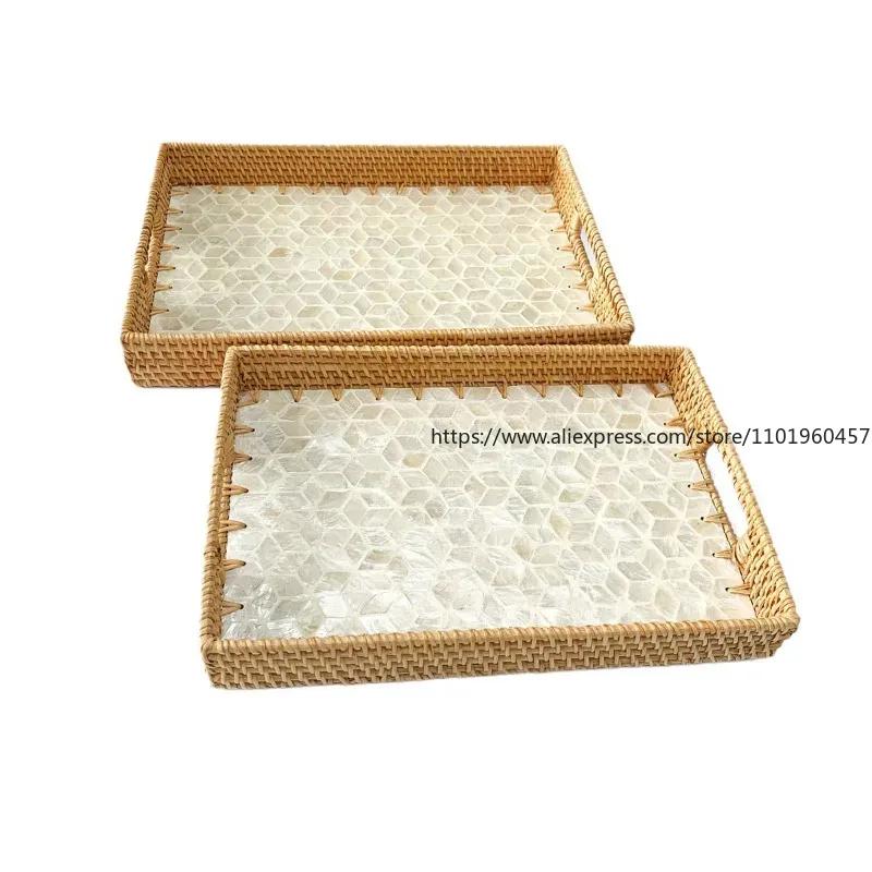 Rechteckiger Naturmuschel Rattan Korb Kreatives Rattan Aufbewahrungstablett Bunter Muschel Aufbewahrungskorb Obstschale Heim Organizer