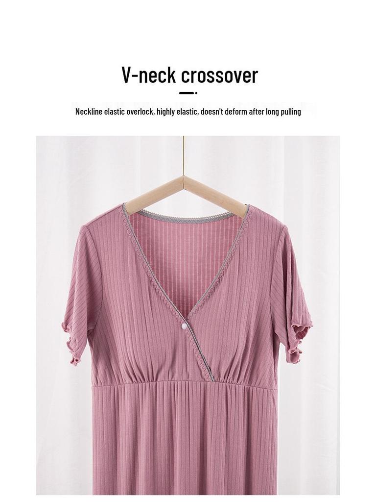 V-Neck Nursing Dress with Insertable Cups for Breastfeeding - Fashionable Postpartum Pajamas