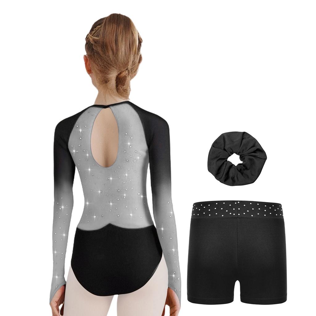 Mädchen Turnanzug Netz Langarm Leotard Strass-Dekor Shorts Stirnband Set
