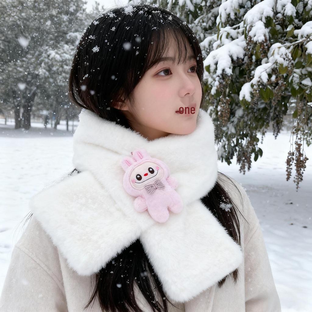 2025 Autumn/Winter Cute Cartoon Plush Scarf: Faux Rabbit Neck Warmer for Girls