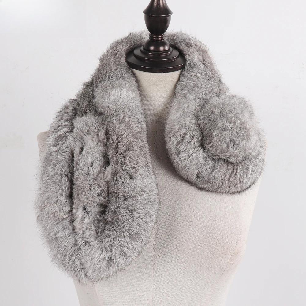 Russian Women Thick Natural Fur Scarf Winter Ladies Warm Real Rabbit Fur Muffler Knit Fluffy Pompoms Genuine Fur Scarves