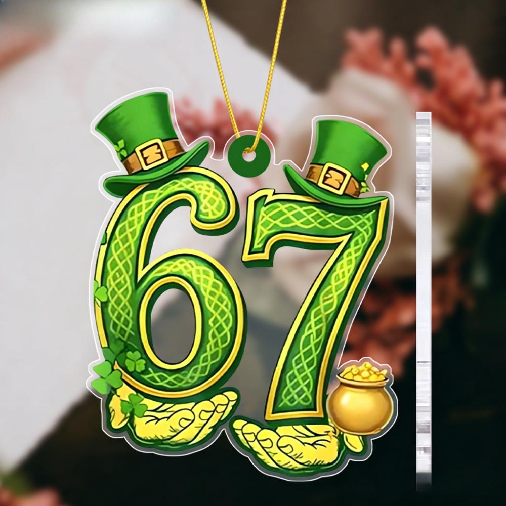 Day Number 67 Pendant - Leprechaun Hat & Pot of Golden Acrylic Ornament, Irish-Themed 67th Decoration for Hanging Door, Wall, Decor 8*8cm