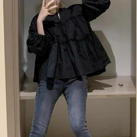 2023 Spring/Autumn Korean Style Sweet Loose Babydoll Puff Sleeve Shirt for Women