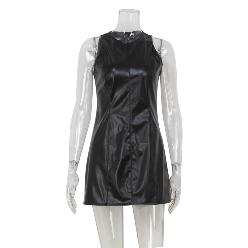 

Женское осенне-зимнее модное платье без рукавов с круглым вырезом из искусственной кожи свободного кроя Spice Short Dress M чёрный