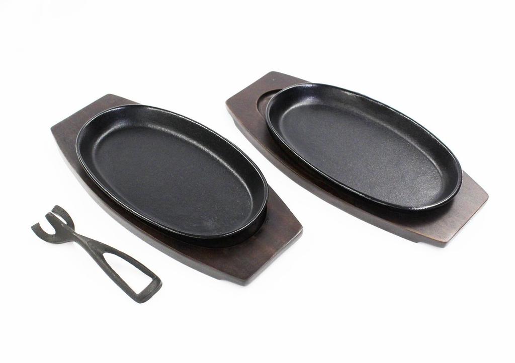 Set of 2 Steak Plates with Handles (with Wooden Frame)