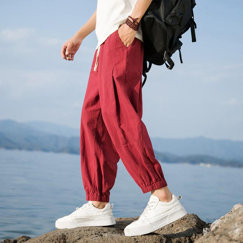 Spring and summer men's and women's casual pants men's Harlan pants cotton and linen new Chinese thin loose tied nine-point pants men's