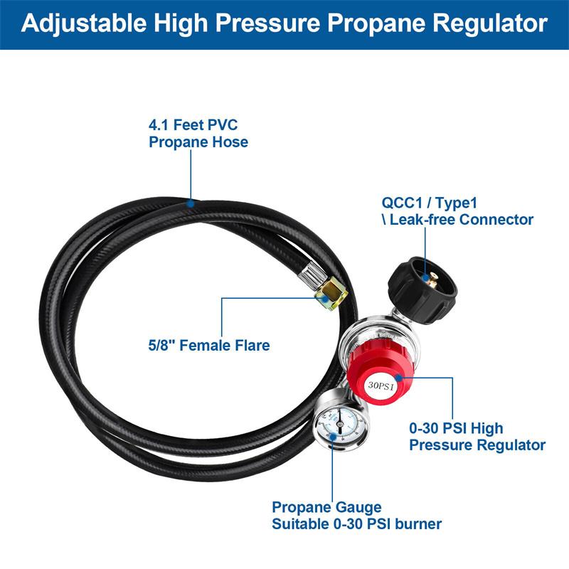 Tubo Propano ad Alta Pressione da 1,2 m con Regolatore, Regolatore Regolabile 0-30 PSI con Tubo Tipo QCC-1