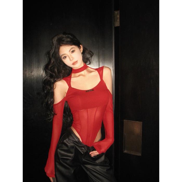 Женский сексуальный сетчатый боди с деликатными вырезами и длинными рукавами - Идеально для осени S красный