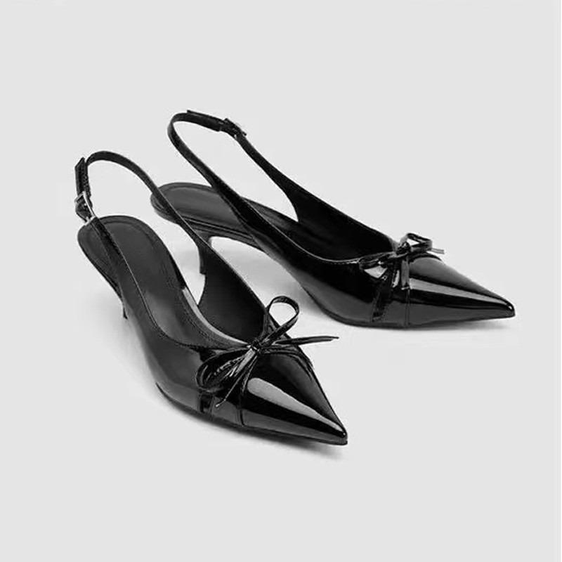 Fashion New Summer Women's Dress Shoes Patent Leather Slip on Pointed Toe Sandals Buckle Slingbacks Mid Heels Pumps Sandalias Mujer