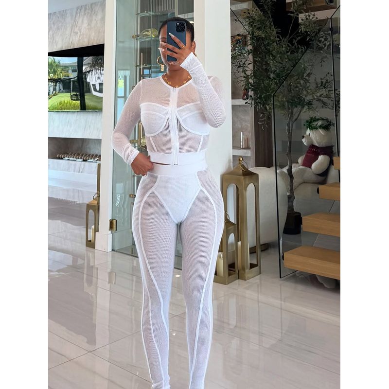 

S391418 European and American Women s Clothing Fashion Casual Mesh Suit Women s Zipper Cardigan Tights Two-piece Set White L