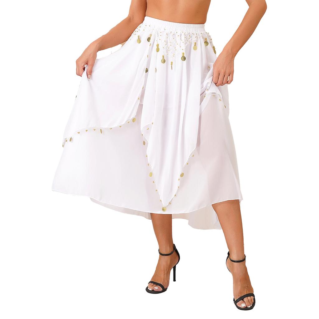 Ladies Sequin Beaded Belly Dance Skirt Chiffon Fabric Elastic Waistband Performance Costume Practice Dancewear