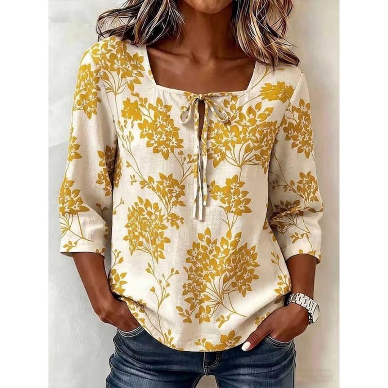 Womens Retro Floral Print Square Neck 3 Quarter Sleeve Casual Loose Top