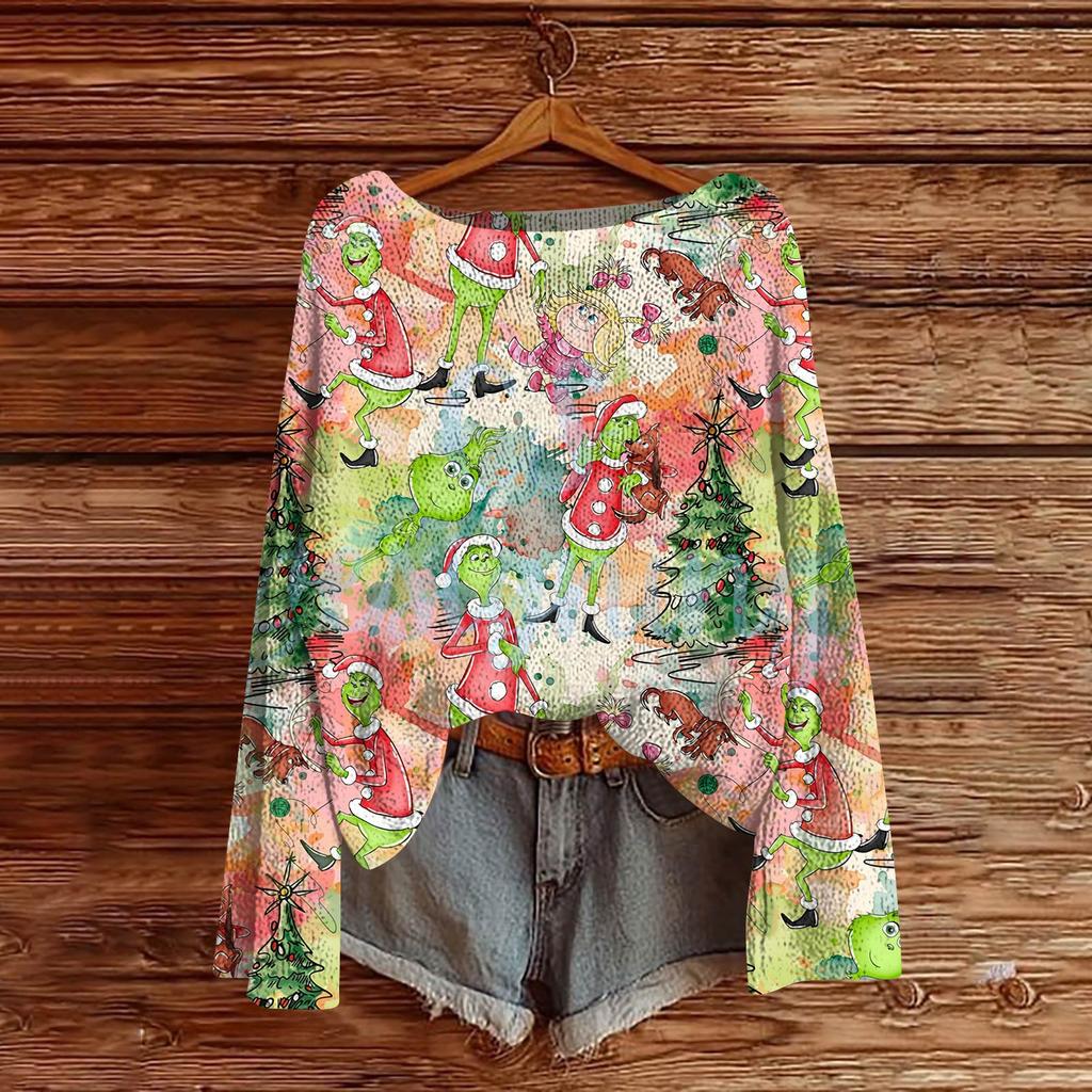 Women's Fashion Christmas Print Lightweight Sweater Casual Long-Sleeve Knit Pullover Top