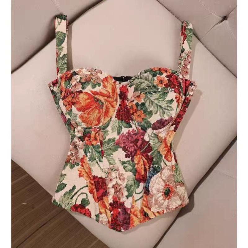 

Street retro flower print Monet oil painting retro fishbone small vest tight gathering body sculpting dress corset women XL