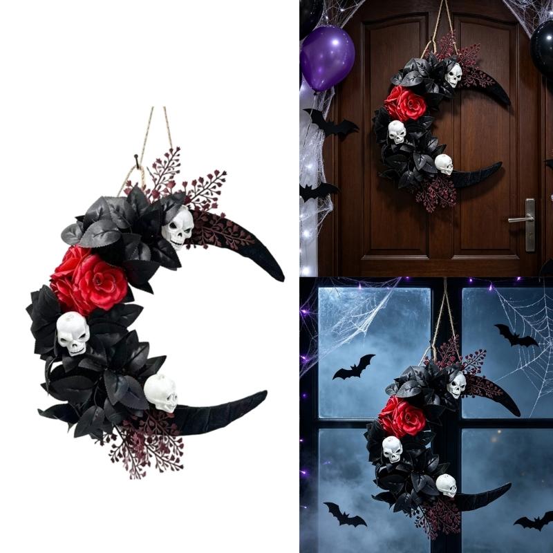 Gothic Halloween Wall Wreath, Moon Shape Rose and Skull Wreath Hanging Decoration for Front Door, Entryway, Room, and Themed Party Backdrops Display