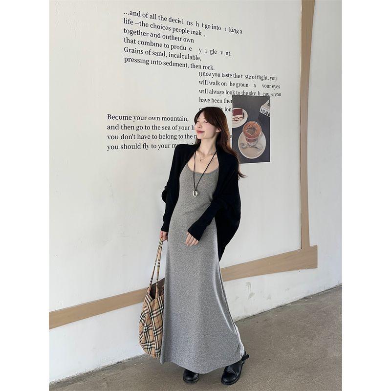 Kumikumi Elegant Outfit Asymmetrical Long Sleeve Cardigan Jacket Female Autumn Inner Suspender Dress Two-piece Set