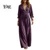 Versatile Commuter Dress Women V-Neck Lace for Fall, 3/4 Sleeves Maxi with V Neck Belt, Solid Color Loose Casual Long Vacation Daily Wear